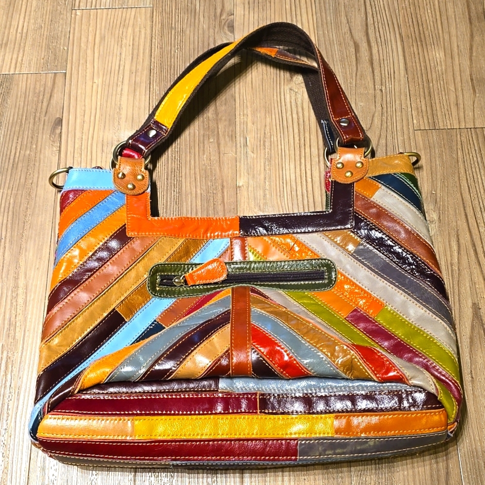 AmeriLeather Hazelle Multicolor Boho Patchwork Leather Handbag - Picture 2 of 9